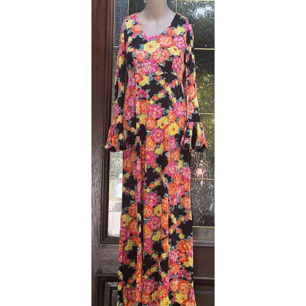 Vintage 70s Bell Sleeve Union Made Floral Dress Staccato New York Size 9